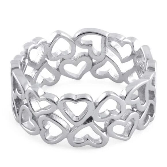 Sterling Silver Eternity Hearts Band Ring New - Picture 4 of 4